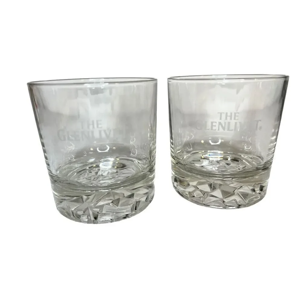 Collectible Set of 2 Heavy Diamond Cut The Glenlivet Rocks Whiskey Glasses EC